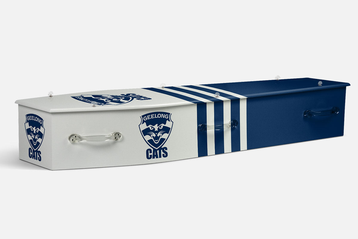 Geelong Cats coffin in white and navy blue stripes with the cat crest and Geelong Cats wordmark