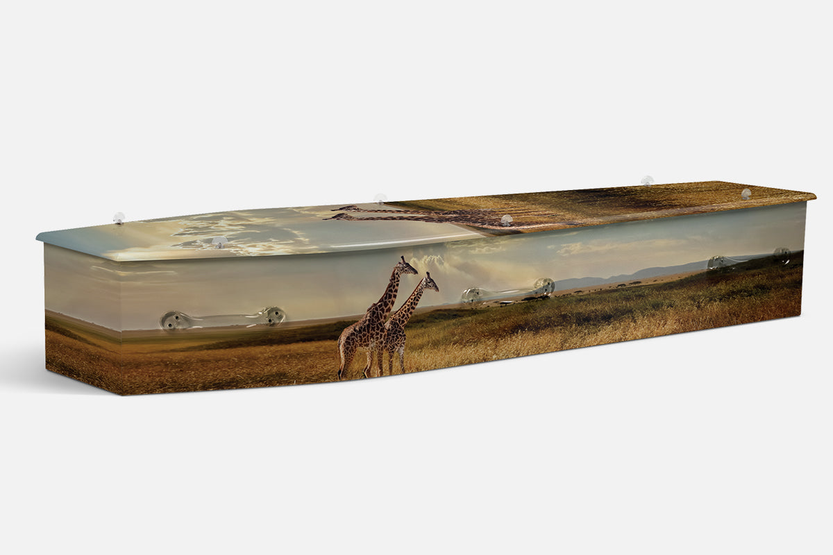 Giraffes coffin in a photographic golden savanna scene with two giraffes standing in tall grass