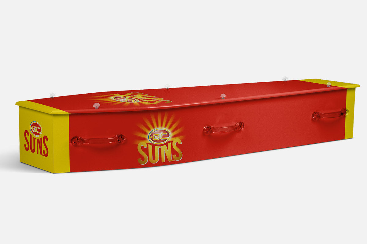 Gold Coast Suns coffin in red with yellow ends and a golden sunburst Suns logo