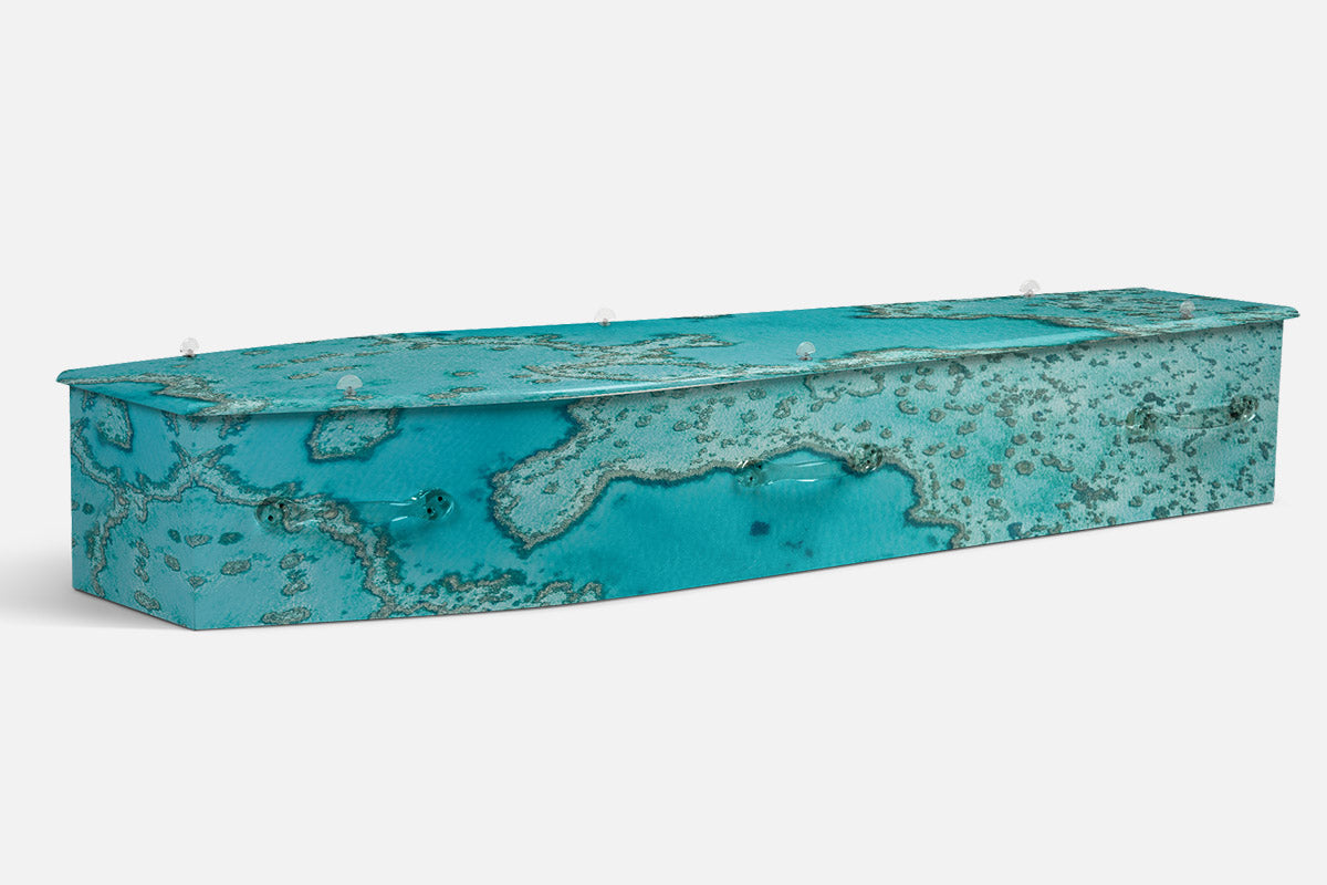 Great Barrier Reef coffin in a photographic aerial pattern of turquoise water and coral formations