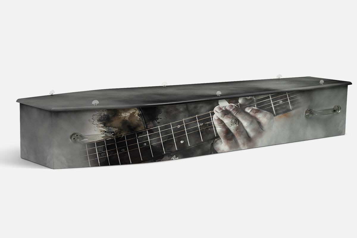 Grunge Guitar coffin in black and white with a close up photograph of hands playing an electric guitar