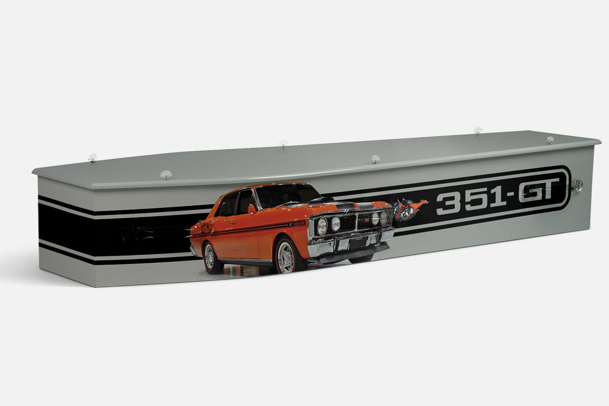 GT Shaker coffin in grey with black stripes, an orange Ford Falcon GT and 351 GT badge