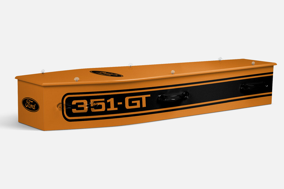 GT351 coffin in orange with a black stripe, Ford oval emblem and 351-GT lettering