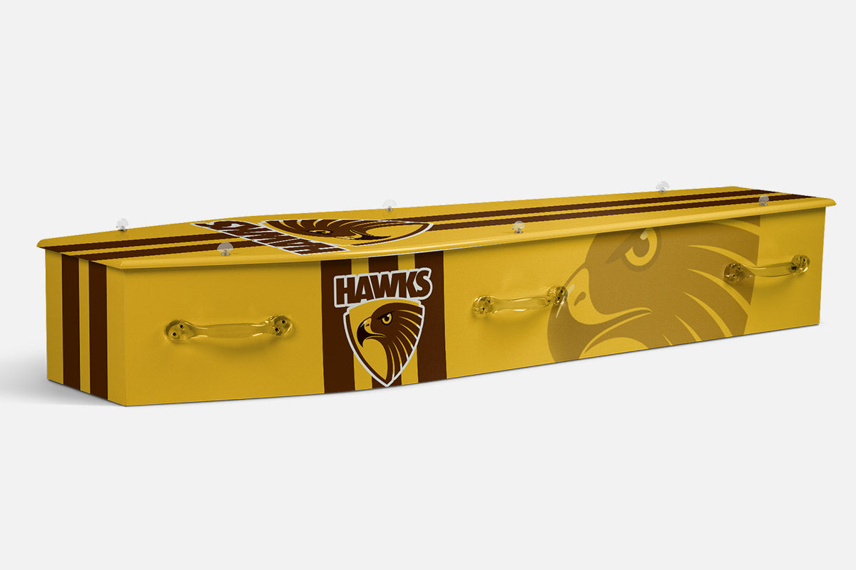 Hawthorn coffin in gold and brown stripes with the hawk head crest and Hawks lettering