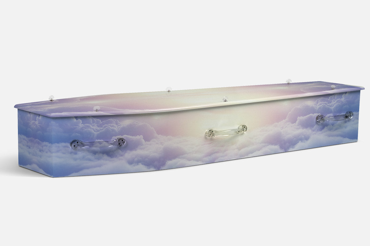 Heavenly Clouds coffin in pastel pink and blue with a photographic sky of soft glowing clouds