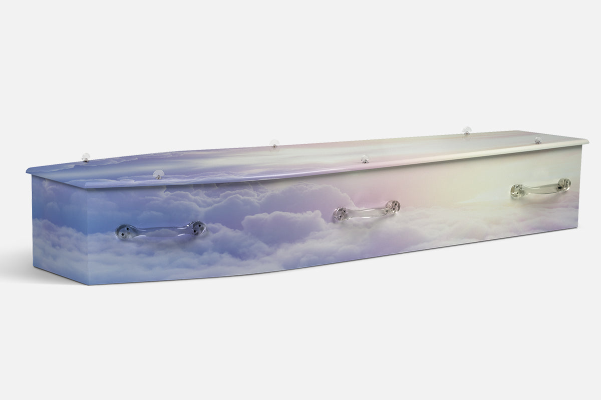Heavens Palette coffin in blue, lavender and cream with a photographic sky of layered soft clouds