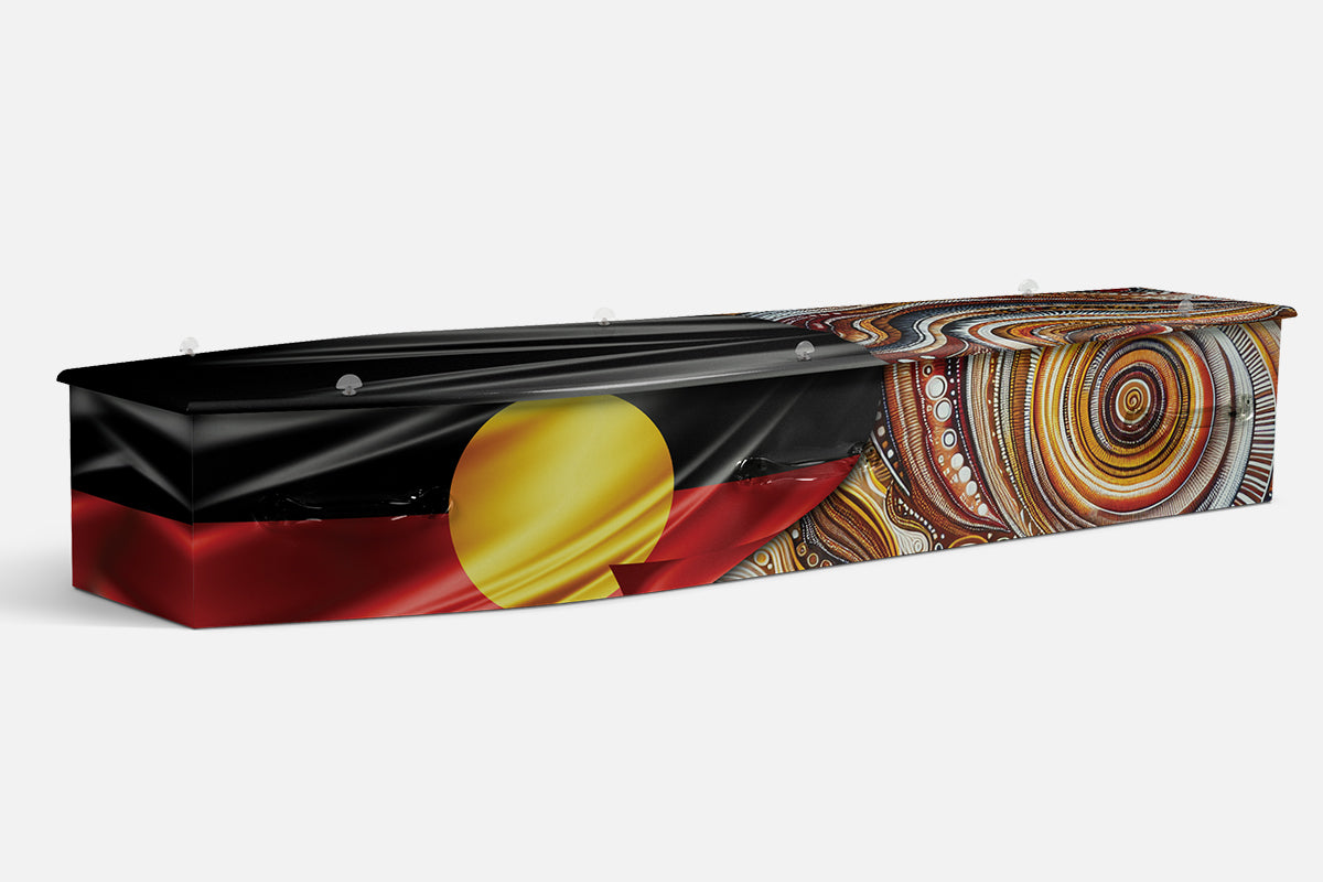 Historic Art coffin combining the Aboriginal flag with fine linework circles and patterned dots