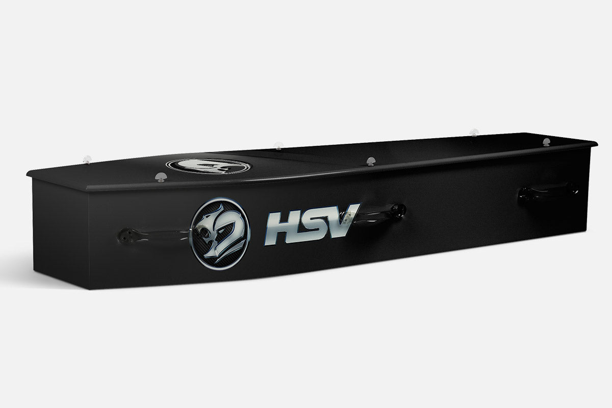 HSV coffin in black with the HSV lion emblem and HSV lettering