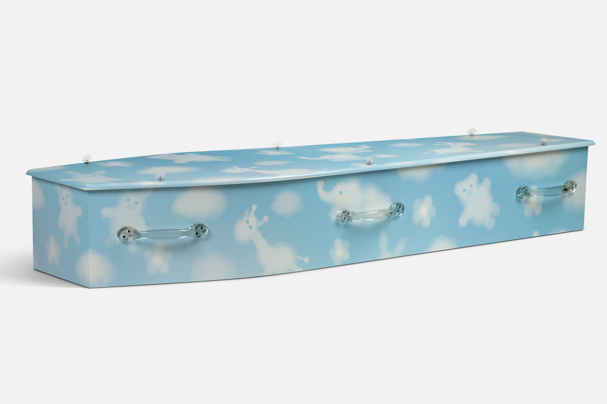 Imagine coffin in pale blue with soft cloud shapes forming animals like an elephant and giraffe