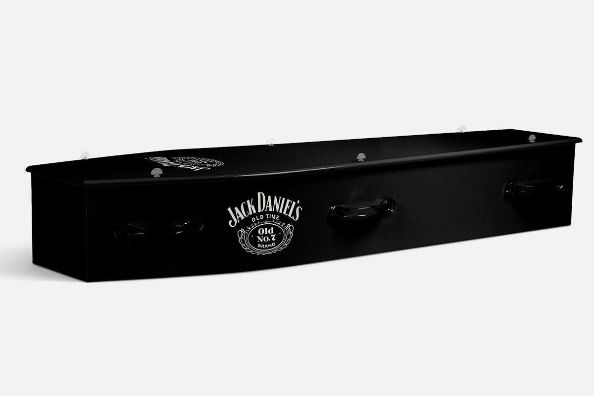 Jack Daniels coffin in solid black with the white Old No 7 label logo