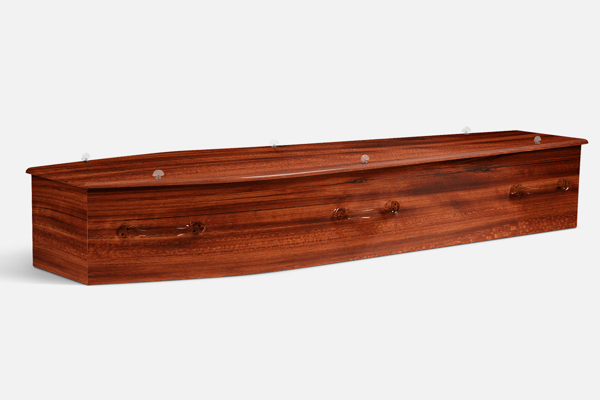 Jarrah Woodgrain coffin in a rich reddish brown wood grain pattern with a glossy finish