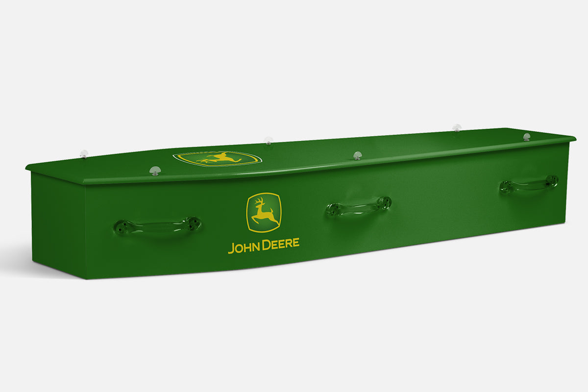 John Deere coffin in green with the yellow leaping deer logo and John Deere lettering