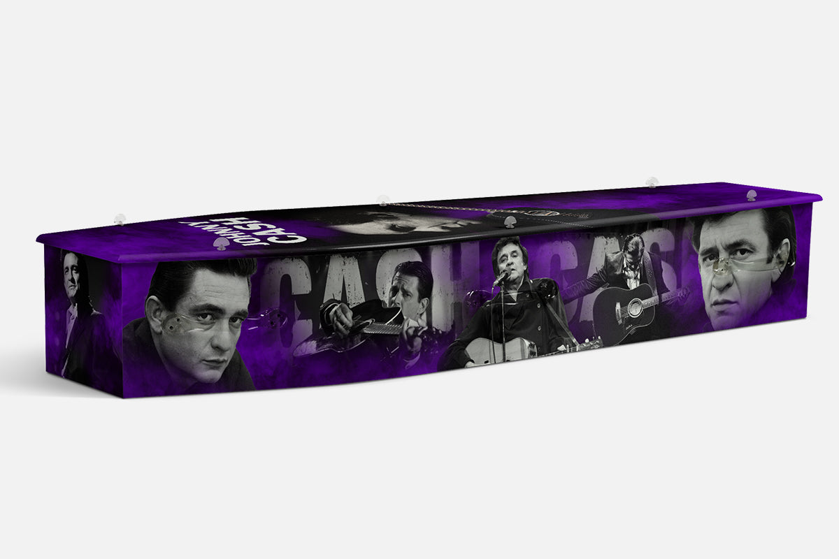 Johnny Cash coffin in purple and black with black and white photographs of him performing and his name in bold letters