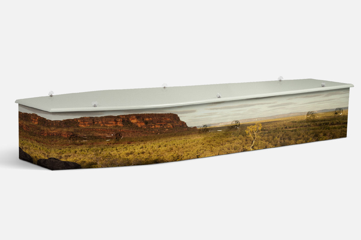 Kakadu coffin in a photographic scene of red rock escarpments over green woodland and grass
