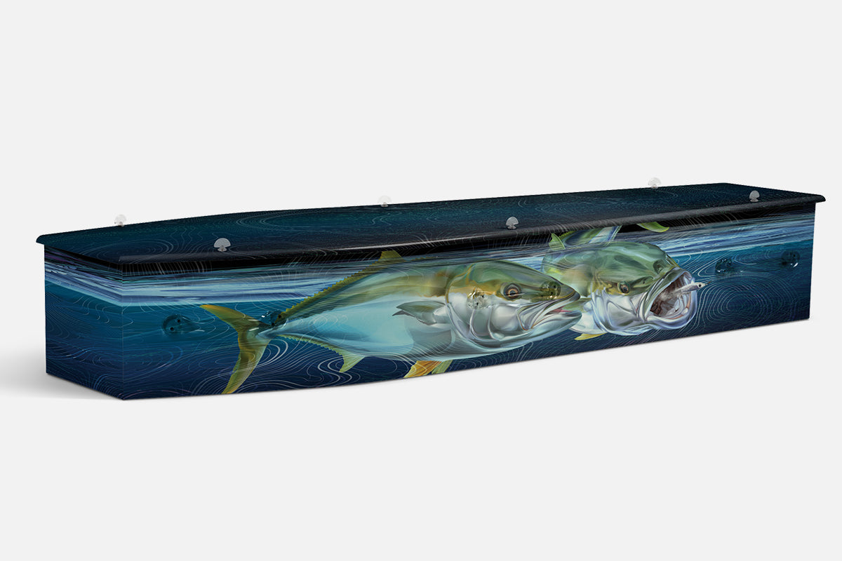 Kings coffin in blue and gold with two kingfish illustrated swimming through underwater light