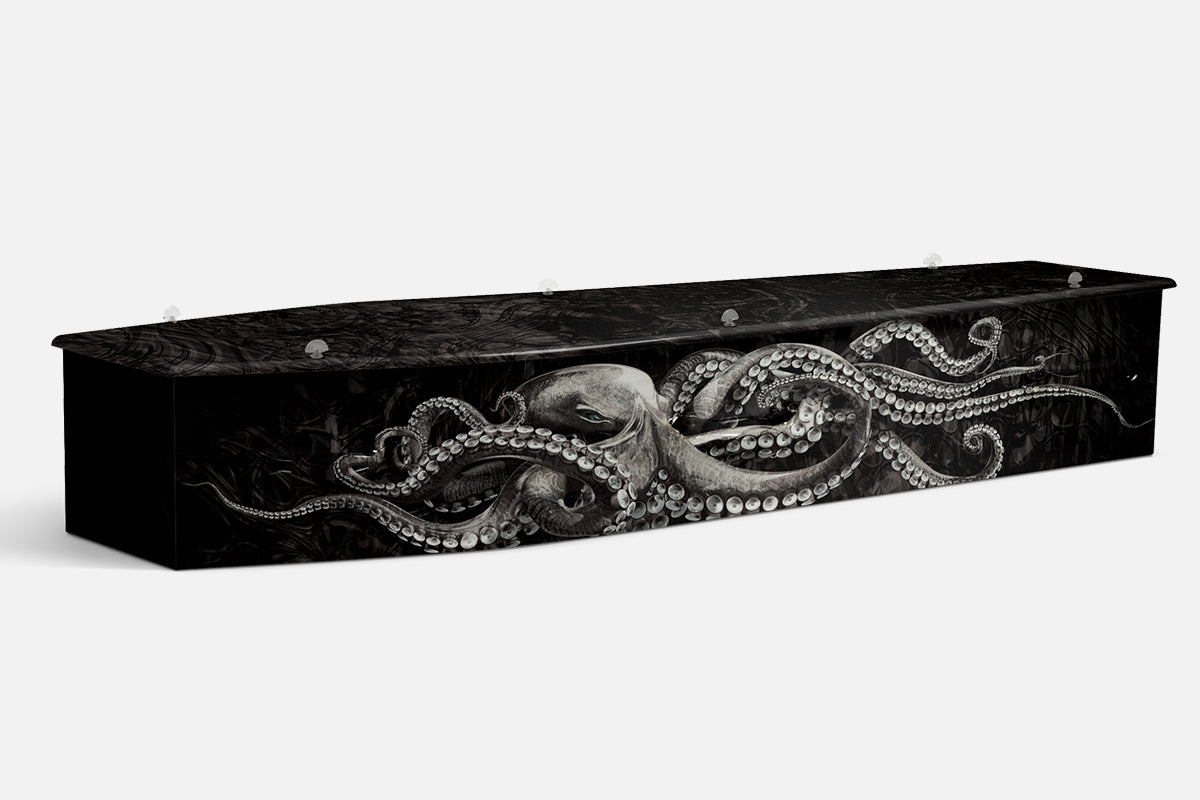 Kraken coffin in black and white with an illustrated octopus and curling tentacles
