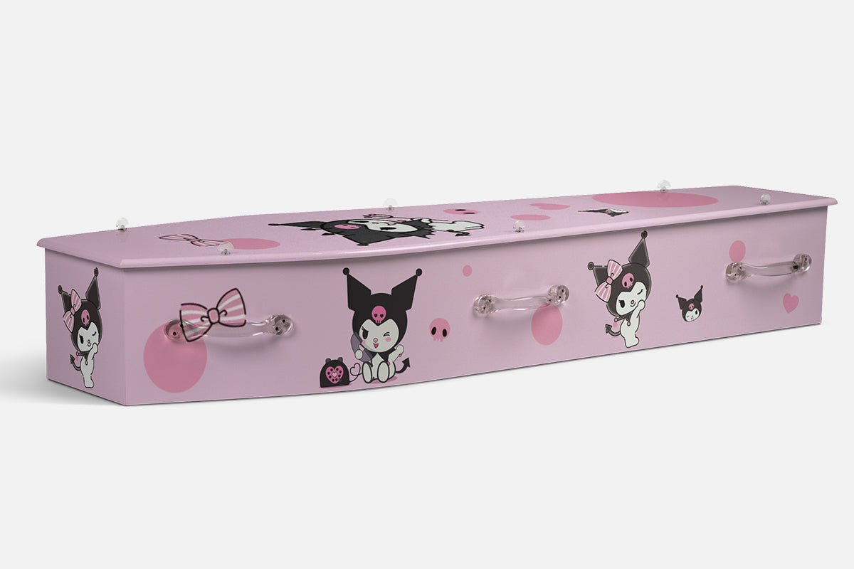 Kuromi coffin in soft pink with the black and white Kuromi character in playful poses