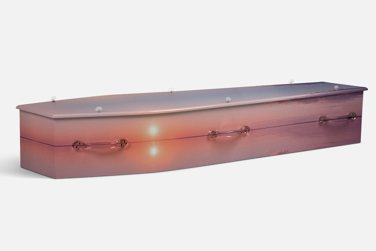 Lake Sunset coffin in a photographic scene of a soft pink and purple sunset over still water