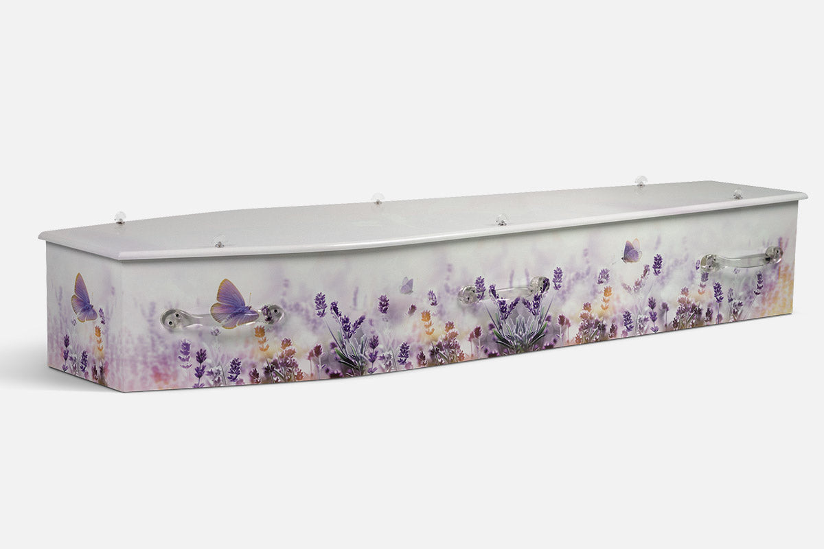 Lavender Dreamscape coffin in a purple lavender field with butterflies under a pastel sky