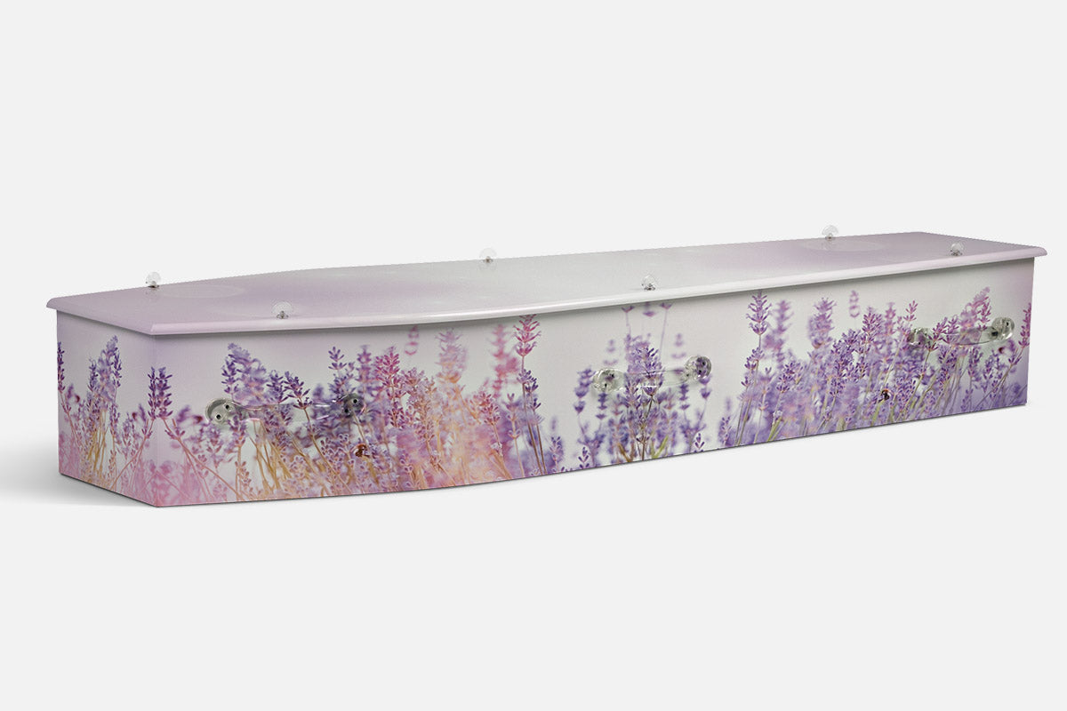 Lavender Fields coffin in a soft purple lavender field stretching across the panels
