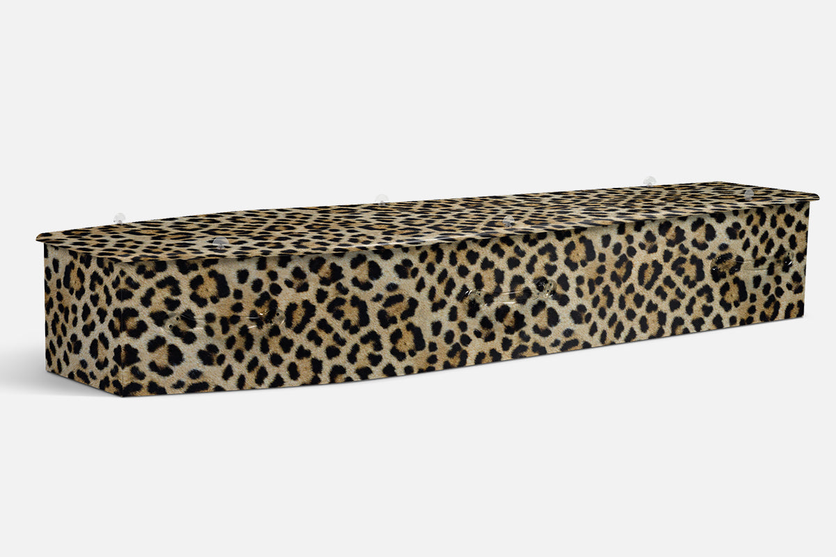 Leopard Print coffin in a close up leopard fur pattern of black rosettes on a tan background