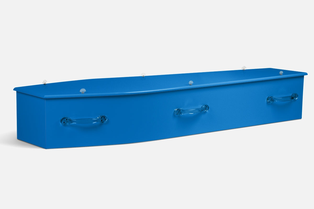 Light Blue coffin in a solid, glossy sky blue finish across the whole surface
