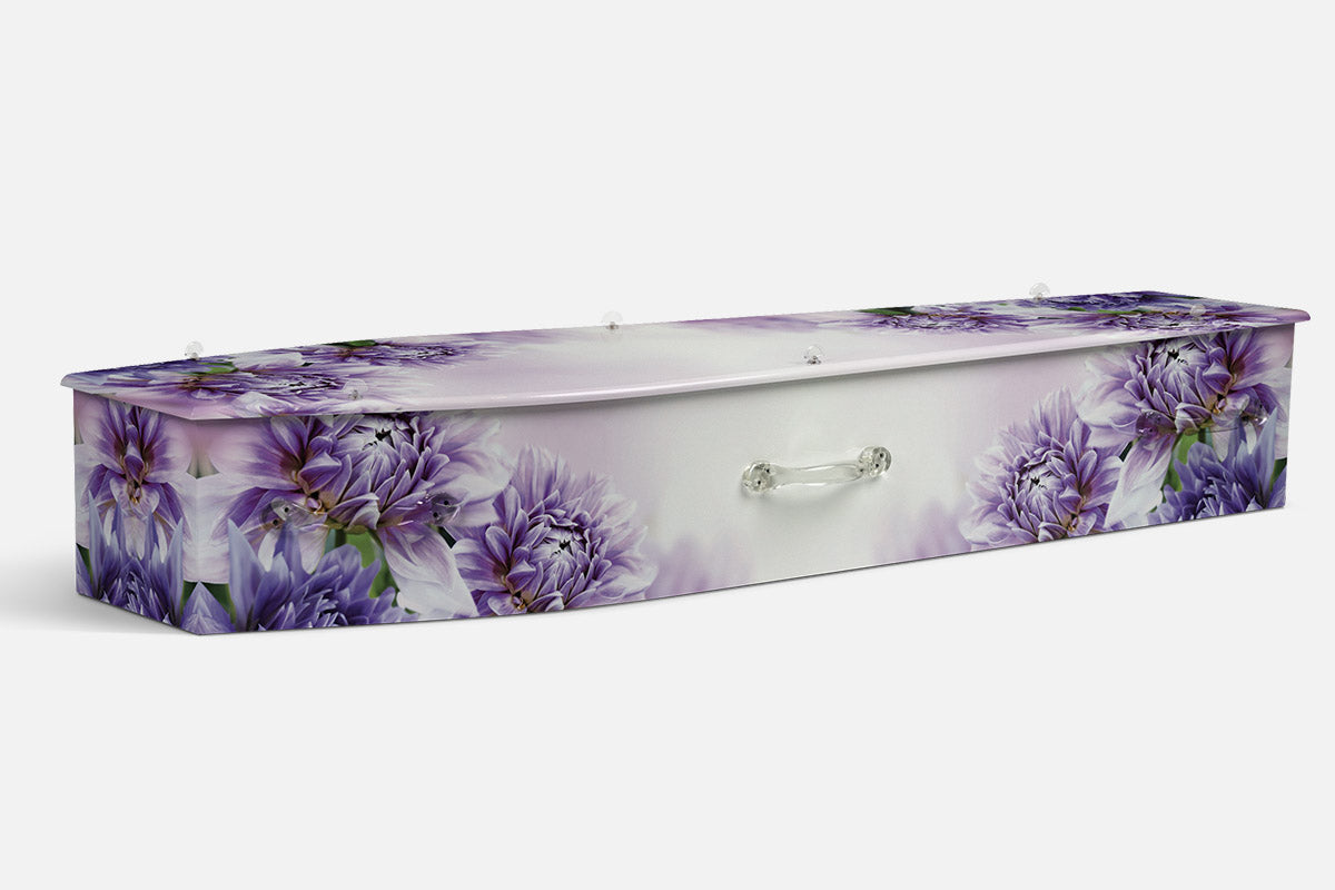 Lilac Lullaby coffin in soft purple and white blooms clustered on a white background