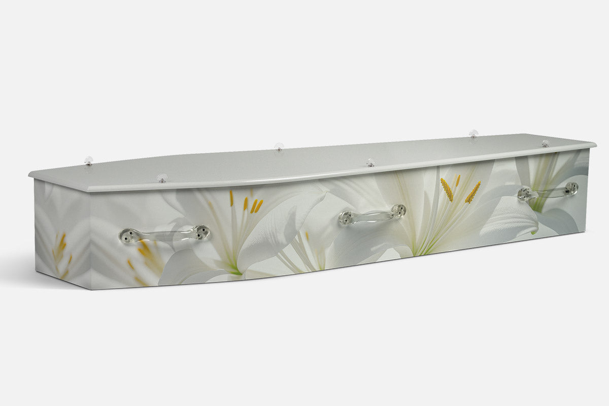Lily Cascade coffin in white lily flowers with golden stamens on a soft white background