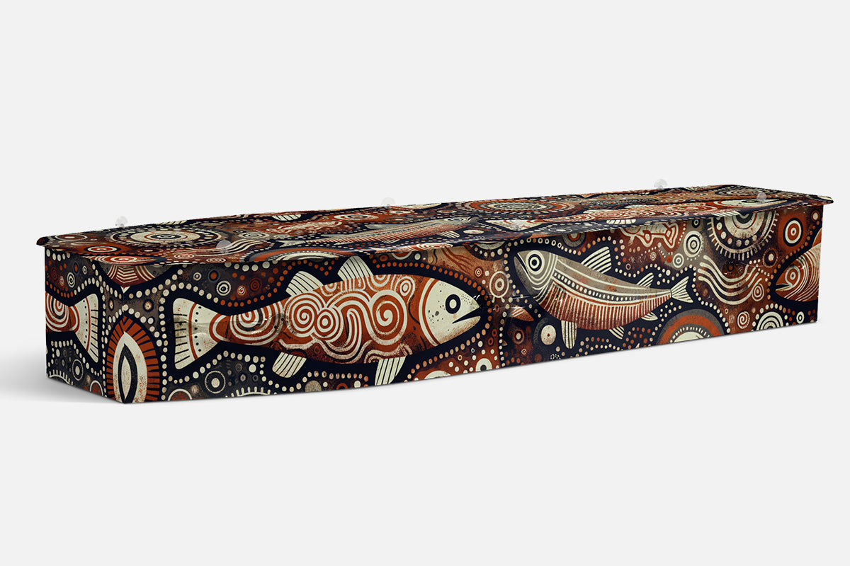 Magura coffin in dark tones with illustrated fish and circular dot patterns in rust and cream