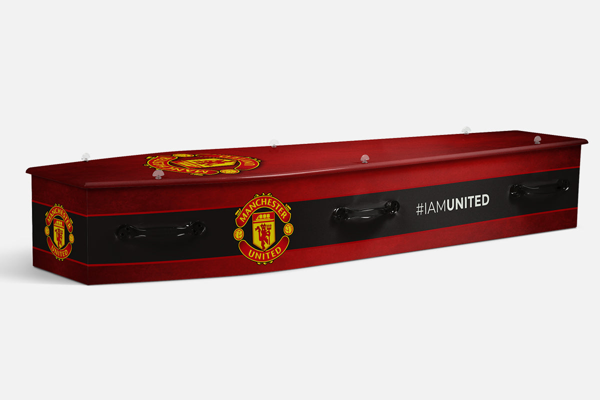 Manchester United coffin in red and black with the club crest and I am United text