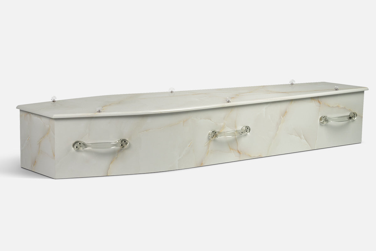 Marble White coffin in a soft cream marble pattern with fine gold veining