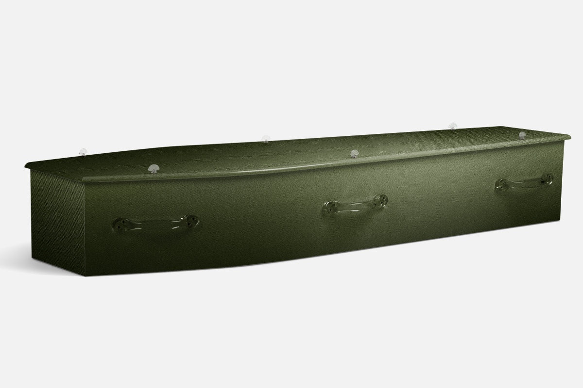 Marsh Green coffin in a solid dark olive green finish with a subtle woven texture