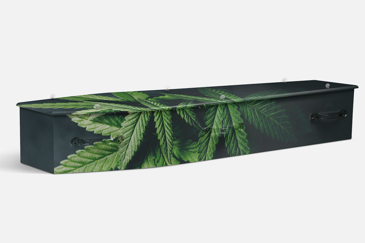Mary Jane coffin in a photographic design of dense pointed green leaves against a dark background