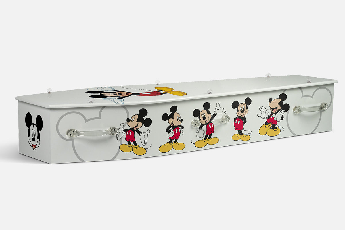 Mickey Mouse coffin in pale grey with rows of illustrated Mickey poses and a large ear silhouette