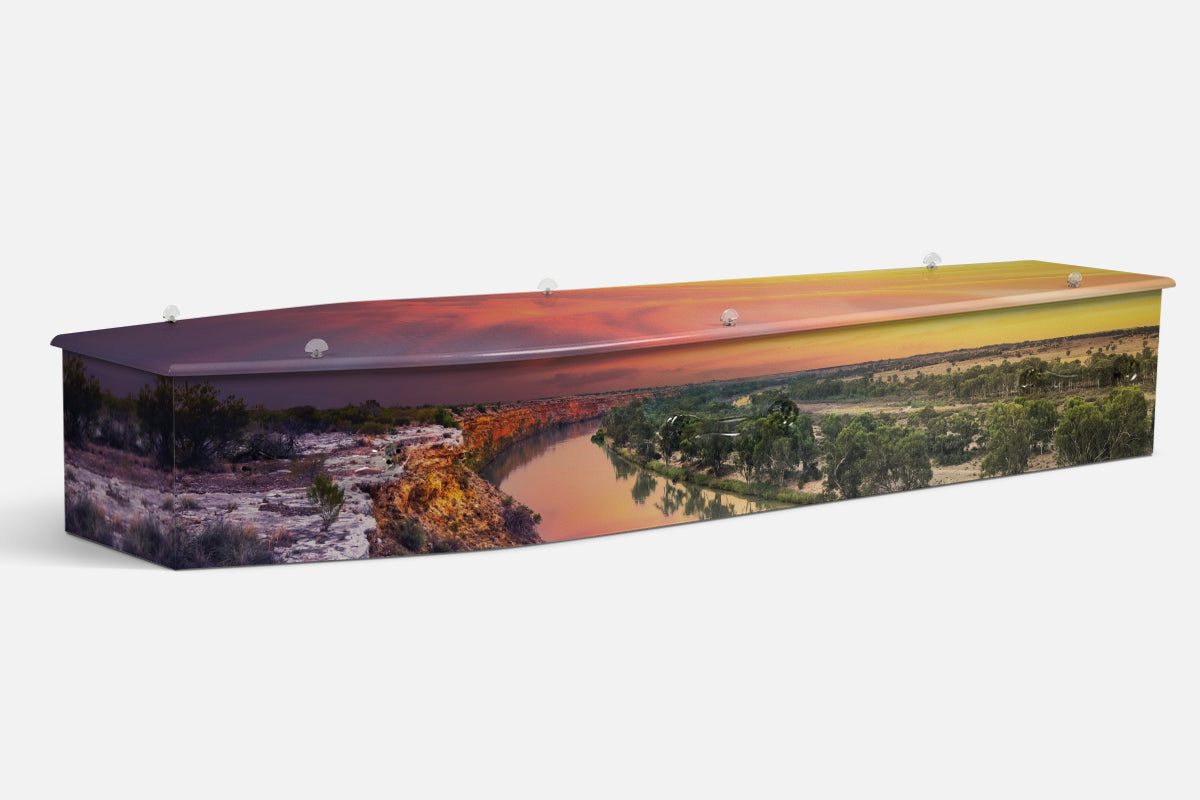 Murray Sunset coffin in a photographic scene of dry scrubland and low hills under a pale blue sky
