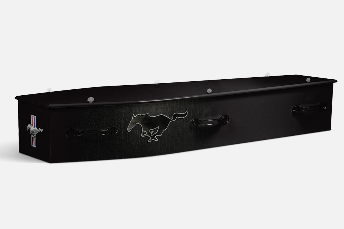 Mustang coffin in black with a silver running horse Mustang emblem and badge