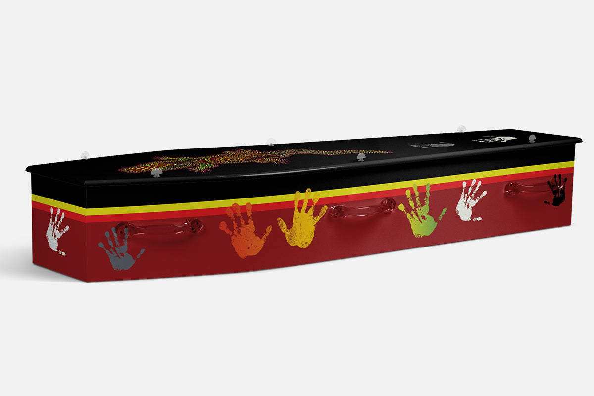Native Hand coffin in red, black and yellow with a dot painted lizard and rows of coloured handprints