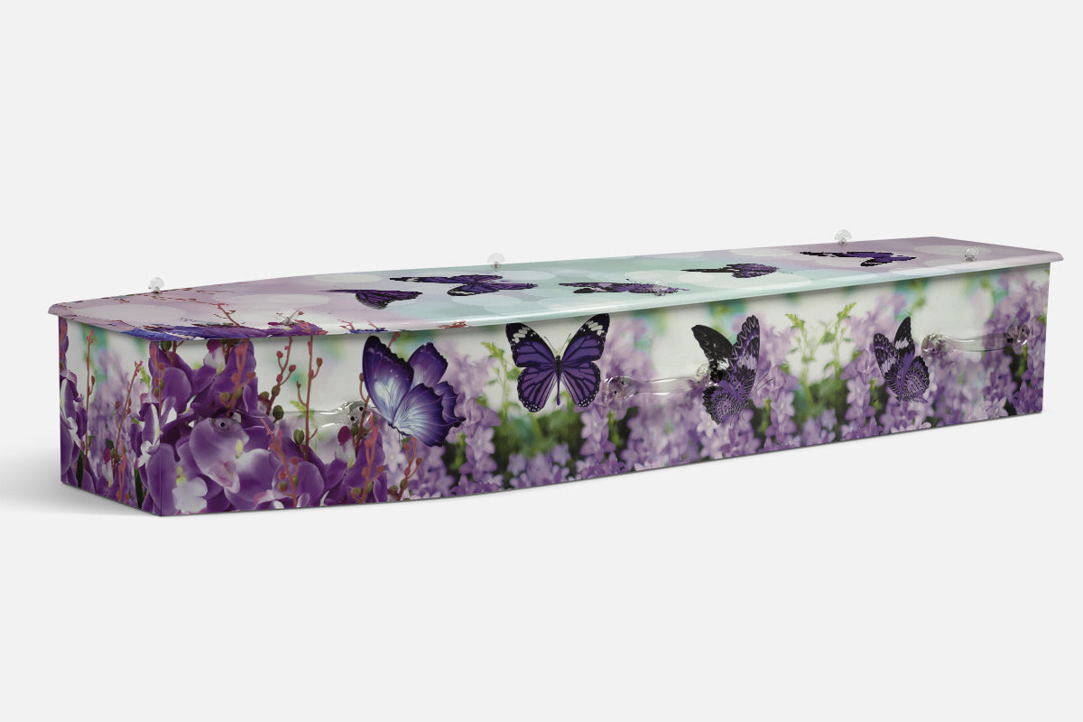 Nature Butterflies coffin in purple with a photograph of purple and black butterflies among flowers