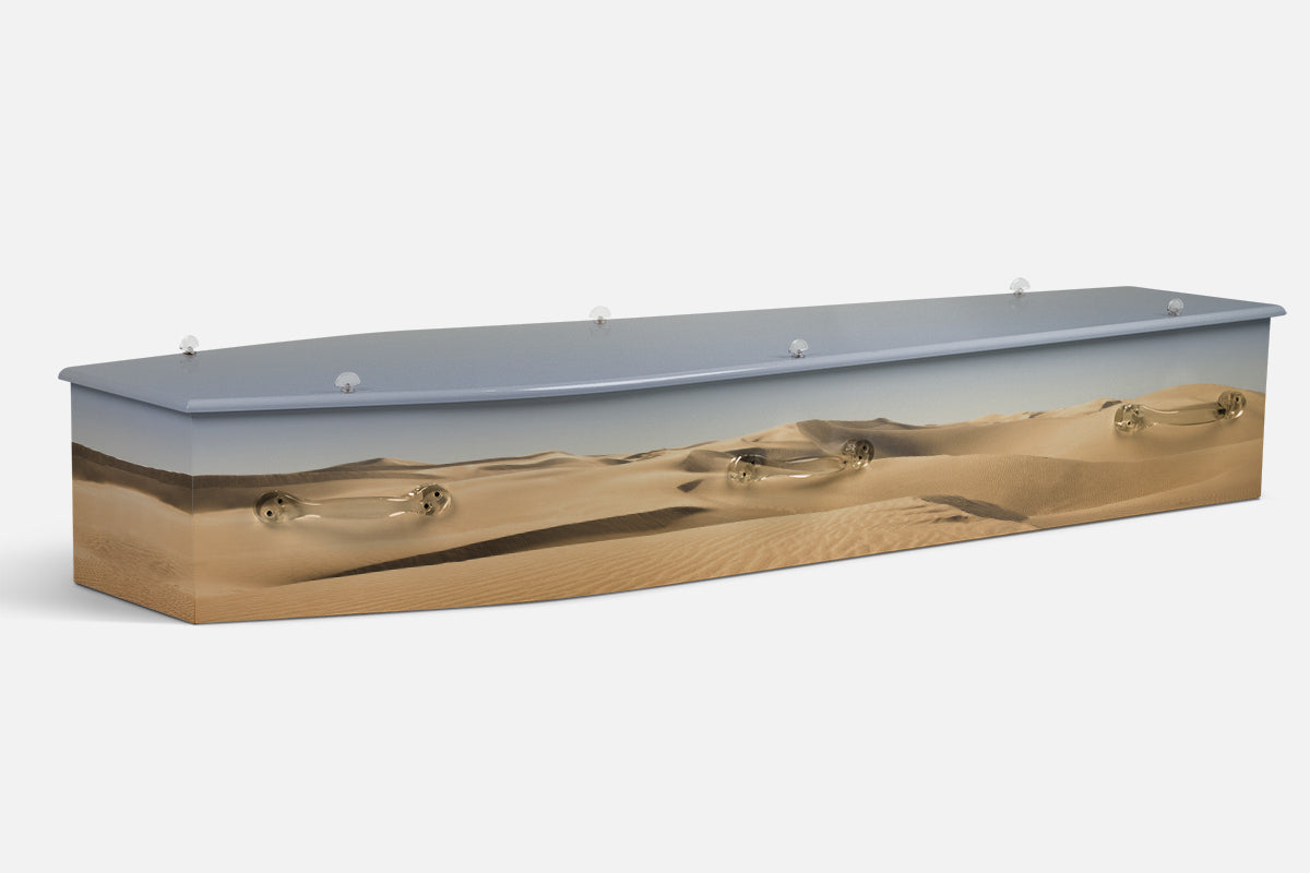 Nature Desert Mirage coffin in sand and pale blue with a photograph of rolling desert dunes