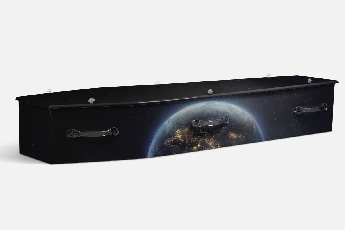 Nature Planet Earth coffin in a dark space scene with earth and glowing city lights, photographic