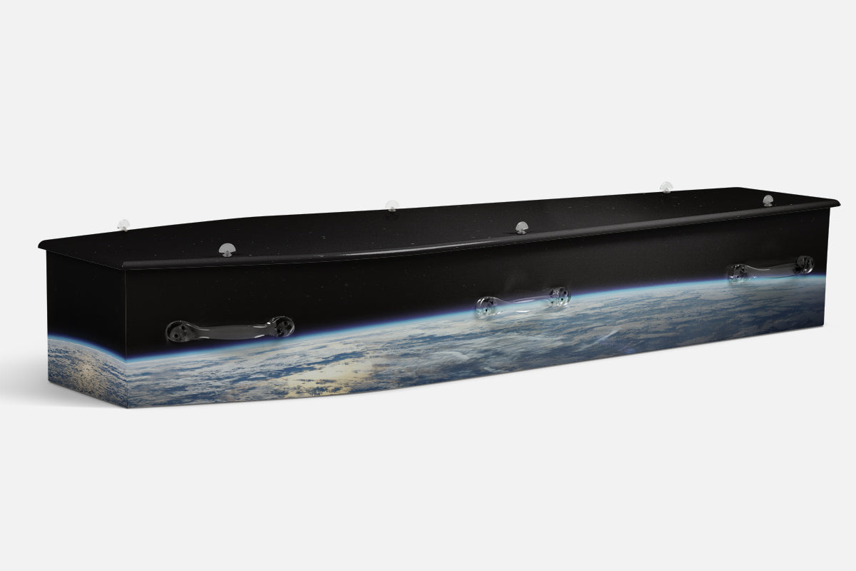 Nature Planet Earth coffin in a black space scene with the curve of the earth and a blue atmospheric glow