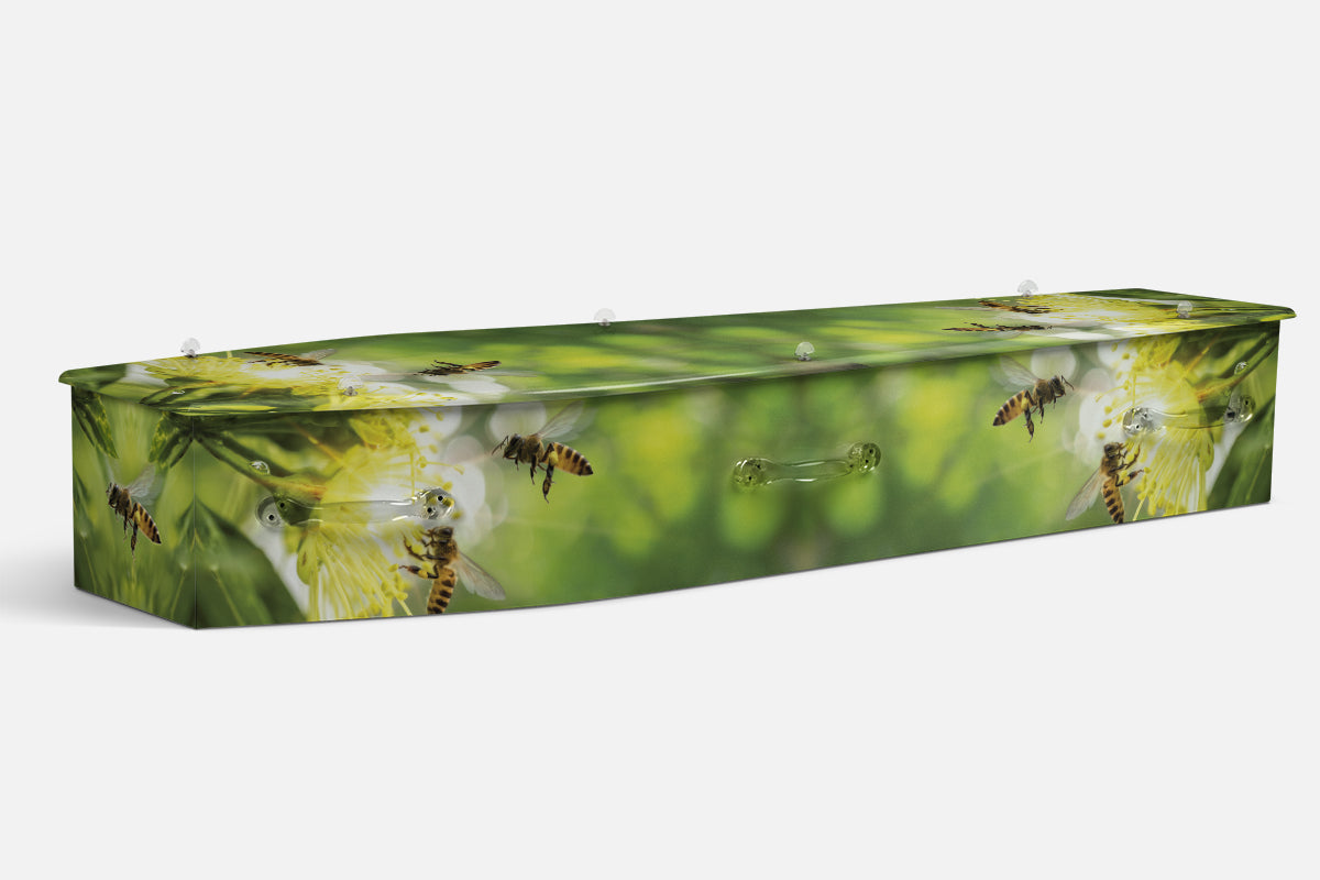 Nature Pollen Gatherers coffin in a green garden scene with bees on yellow and white flowers