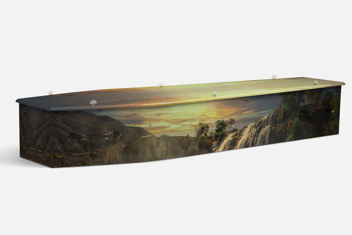 Nature Waterfall Gully coffin in a sunset gully scene with a waterfall and birds in flight