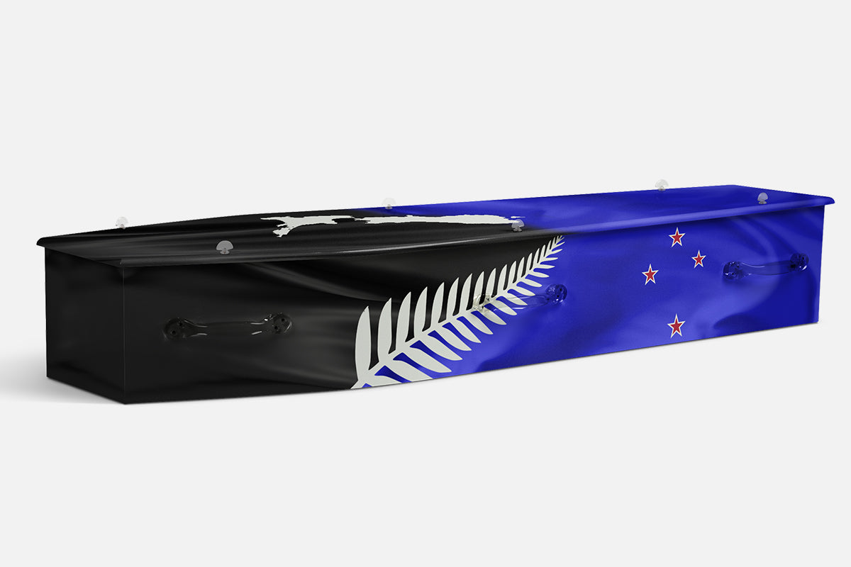 New Zealand Flag coffin in black and blue with a white silver fern and red stars