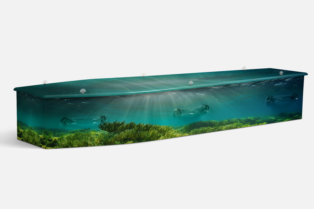 Ocean Floor coffin in an underwater scene with sunlight rays over green coral and plants
