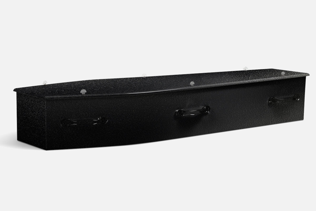 Onyx Black coffin in a solid, glossy black finish with a fine sparkling texture