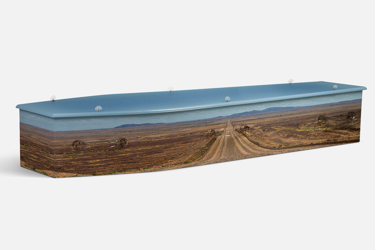Oodnadatta Track coffin in a photographic scene of a gravel road stretching through outback scrubland