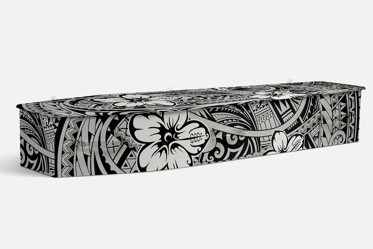 Pacific Art coffin in black and white with Polynesian style tribal patterns and hibiscus flowers