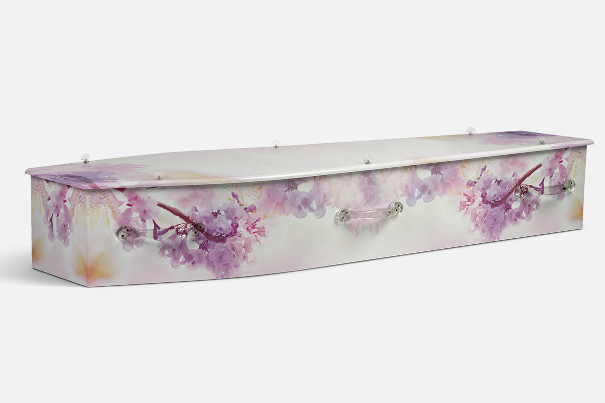 Pastel Petals coffin in a soft watercolour style design of pink and lilac blossom branches on white