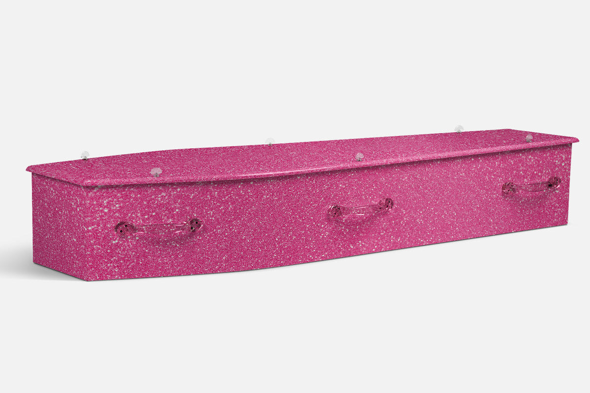 Pink Glitter coffin in a solid bright pink finish with a fine sparkling glitter texture throughout